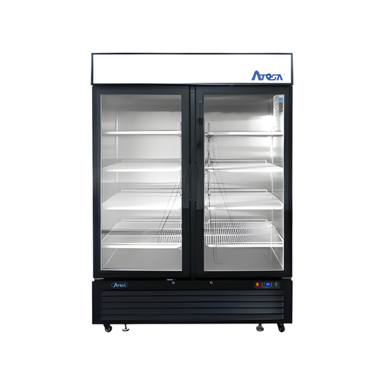 REACH-IN REFRIGERATOR 2 GLASS DOORS BLACK, 43.95 CU/FT,  54 7/8" X 31 1/2" X 82 1/4"